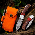 Personalized Handmade Damascus Steel Pocket Knife, Folding EDC Hunting Knife, Wood Handle, Groomsmen Gift With Leather Sheath