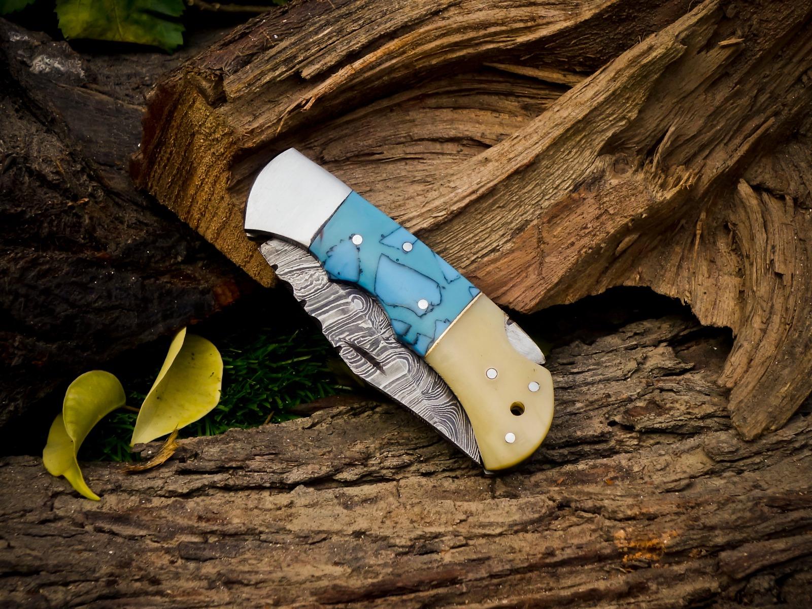 Personalized Handmade Damascus Steel Pocket Knife, Folding EDC Hunting Knife, Bone and Resin Handle, Groomsmen Gift With Leather Sheath