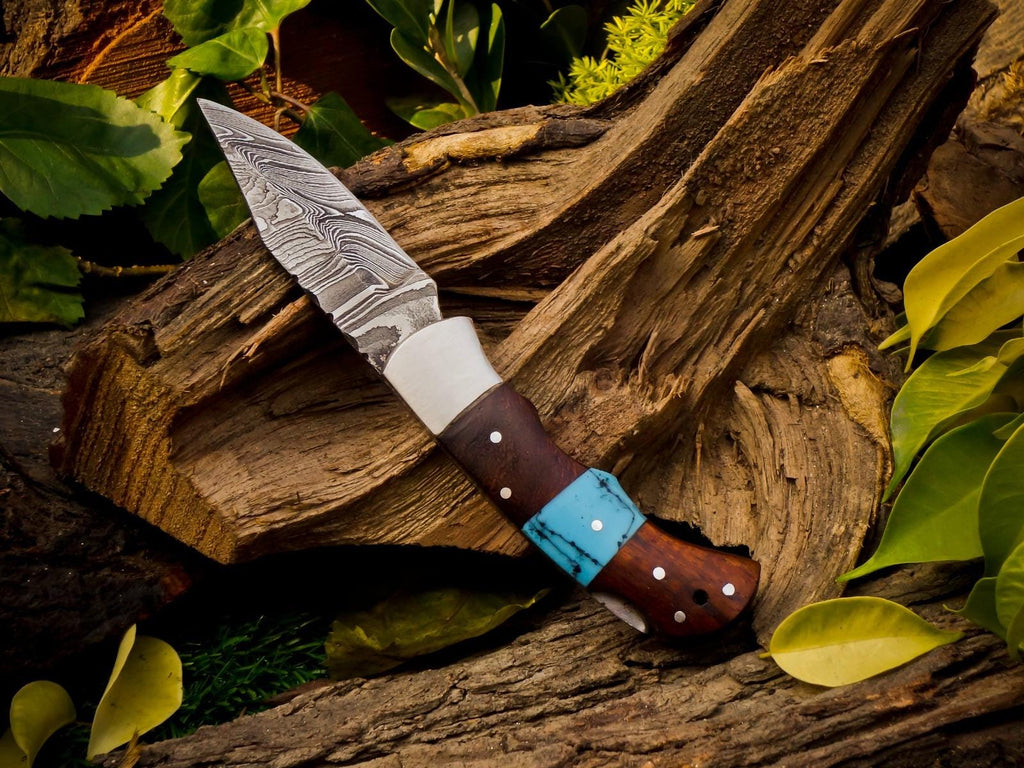 Personalized Handmade Damascus Steel Pocket Knife, Folding EDC Hunting Knife, Wood and Resin Handle, Groomsmen Gift With Leather Sheath