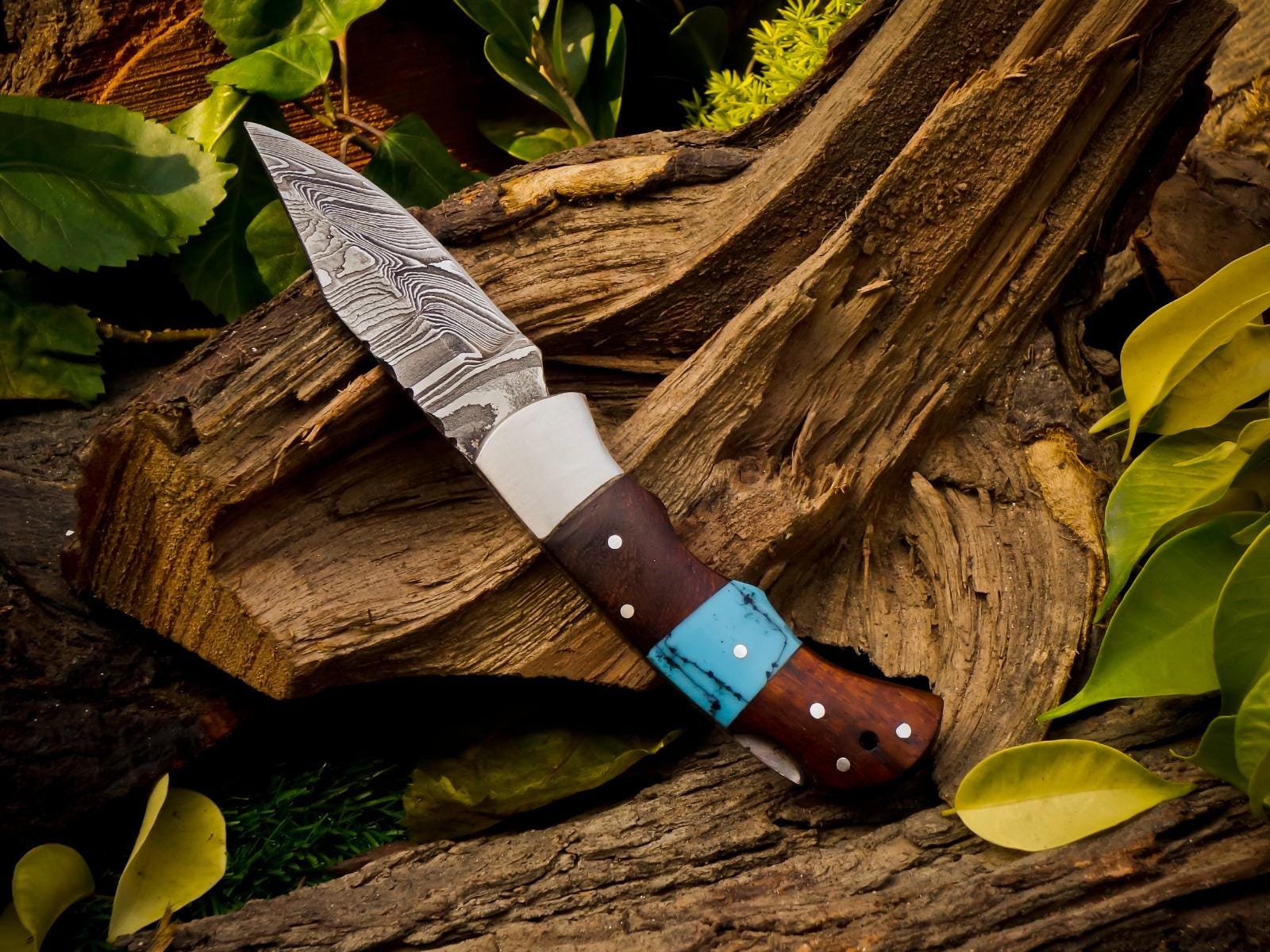Personalized Handmade Damascus Steel Pocket Knife, Folding EDC Hunting Knife, Wood and Resin Handle, Groomsmen Gift With Leather Sheath