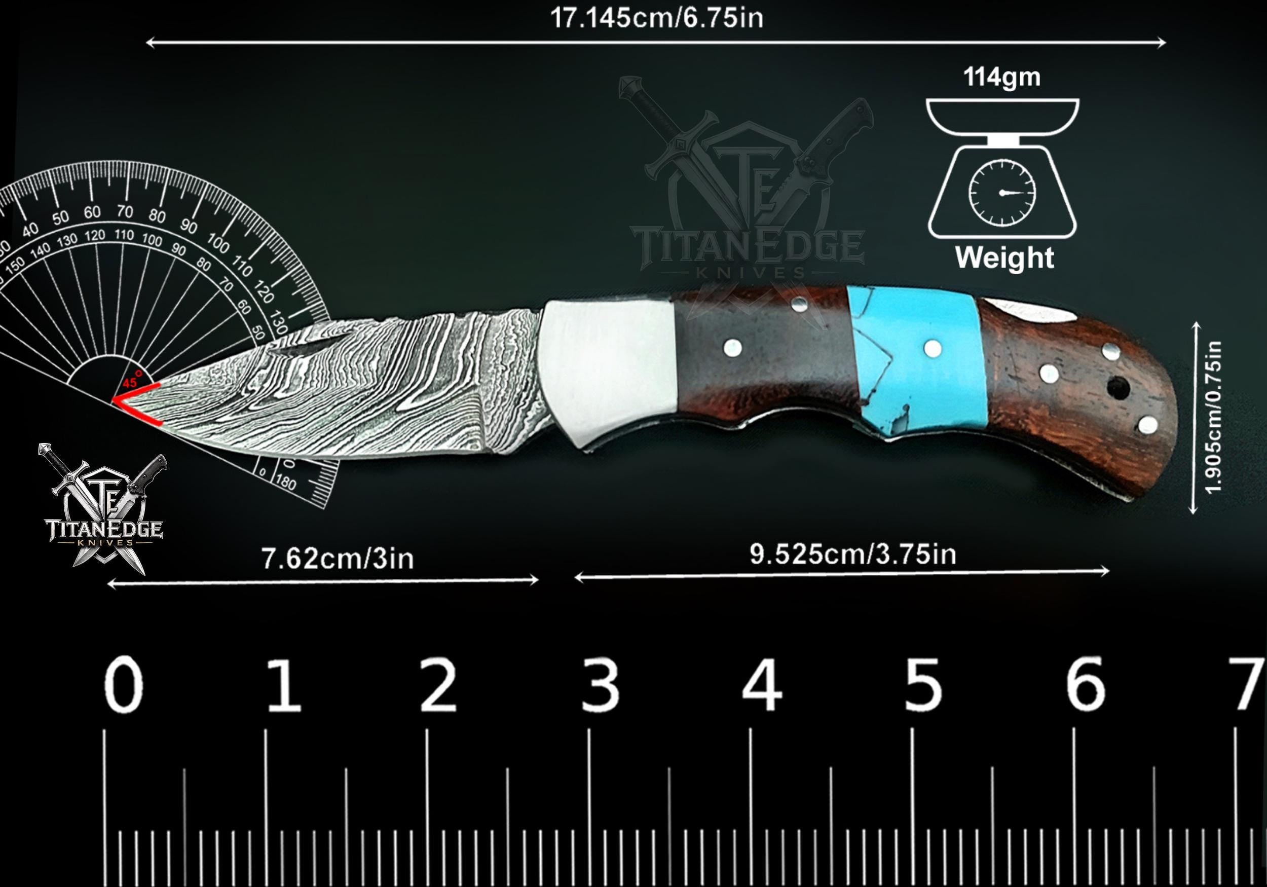 Personalized Handmade Damascus Steel Pocket Knife, Folding EDC Hunting Knife, Wood and Resin Handle, Groomsmen Gift With Leather Sheath