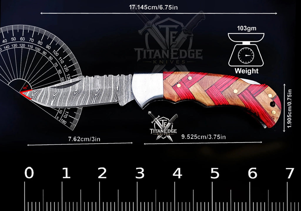 Personalized Handmade 6.75"Damascus Steel Pocket Knife, Folding EDC Hunting Knife, Wood Handle, Groomsmen Gift With Leather Sheath