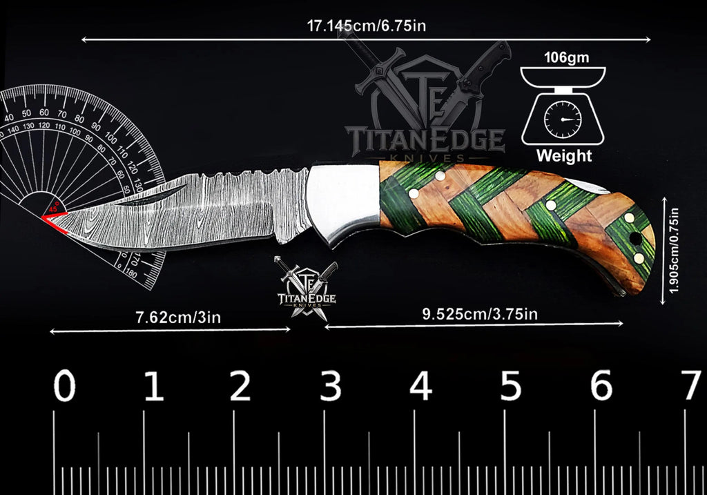 Personalized Handmade 6.75"Damascus Steel Pocket Knife, Folding EDC Hunting Knife, Wood Handle, Groomsmen Gift With Leather Sheath
