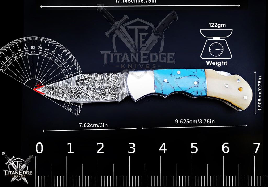 Personalized Handmade Damascus Steel Pocket Knife, Folding EDC Hunting Knife, Bone and Resin Handle, Groomsmen Gift With Leather Sheath