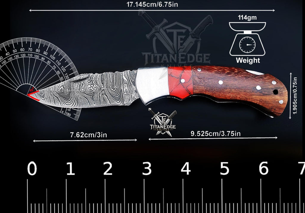 Personalized Handmade Damascus Steel Pocket Knife, Folding EDC Hunting Knife, Wood Handle, Groomsmen Gift With Leather Sheath