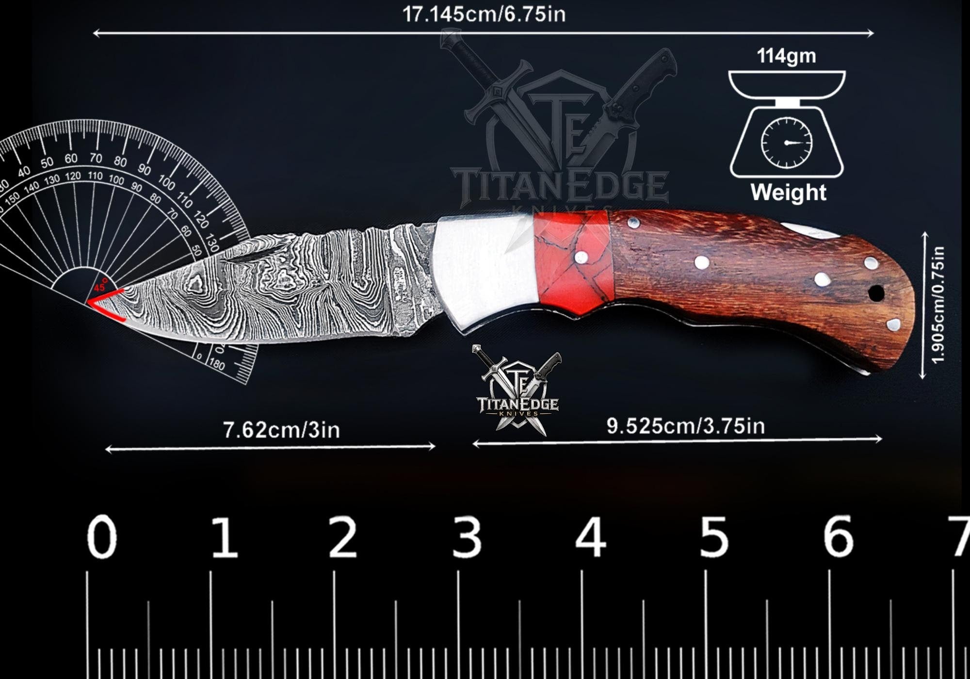 Personalized Handmade Damascus Steel Pocket Knife, Folding EDC Hunting Knife, Wood Handle, Groomsmen Gift With Leather Sheath