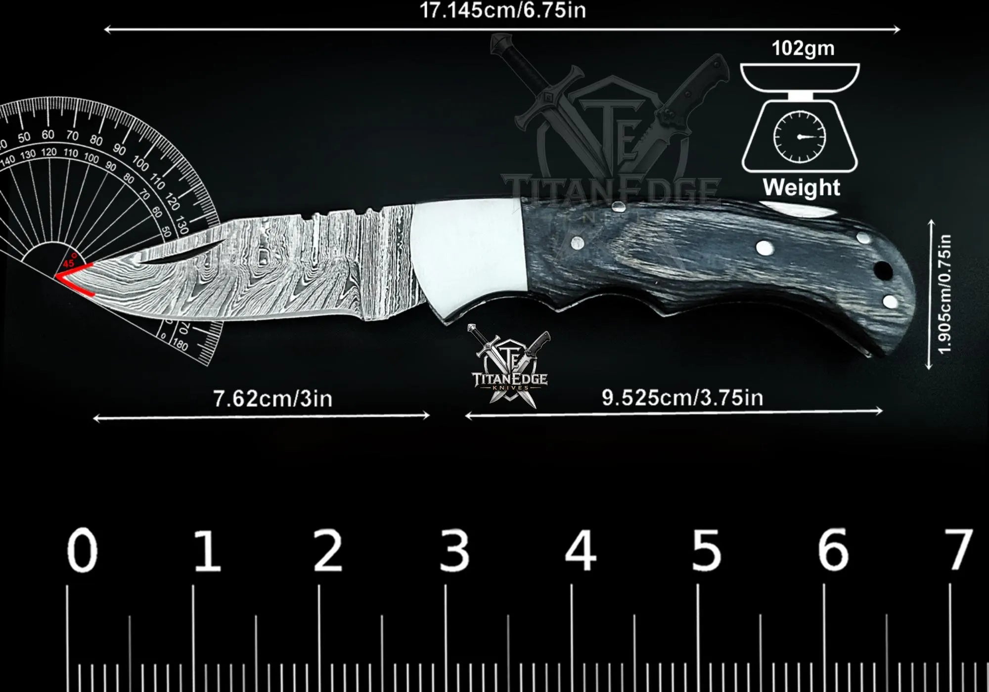 Personalized Handmade 6.75"Damascus Steel Pocket Knife, Folding EDC Hunting Knife, Wood Handle, Groomsmen Gift With Leather Sheath