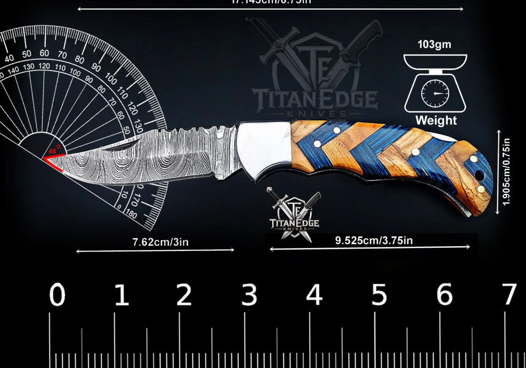 Personalized Handmade 6.75"Damascus Steel Pocket Knife, Folding EDC Hunting Knife, Resin Handle, Groomsmen Gift With Leather Sheath