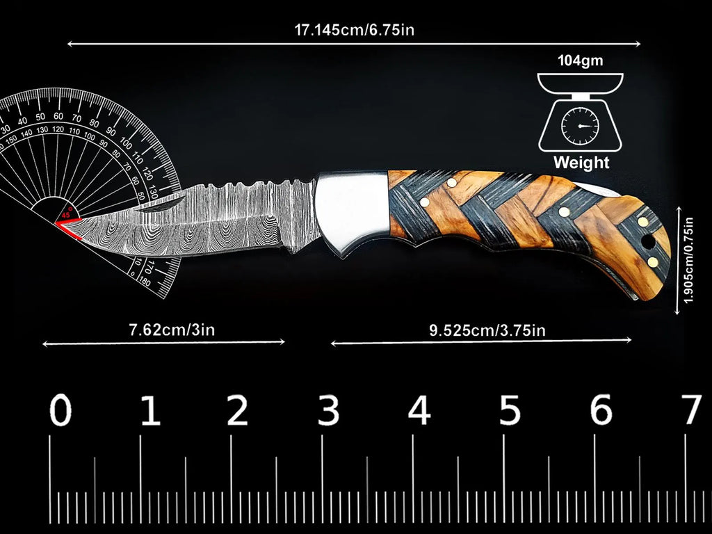 Personalized Handmade 6.75"Damascus Steel Pocket Knife, Folding EDC Hunting Knife, Wood and Resin Handle, Groomsmen Gift With Leather Sheath (Copy)