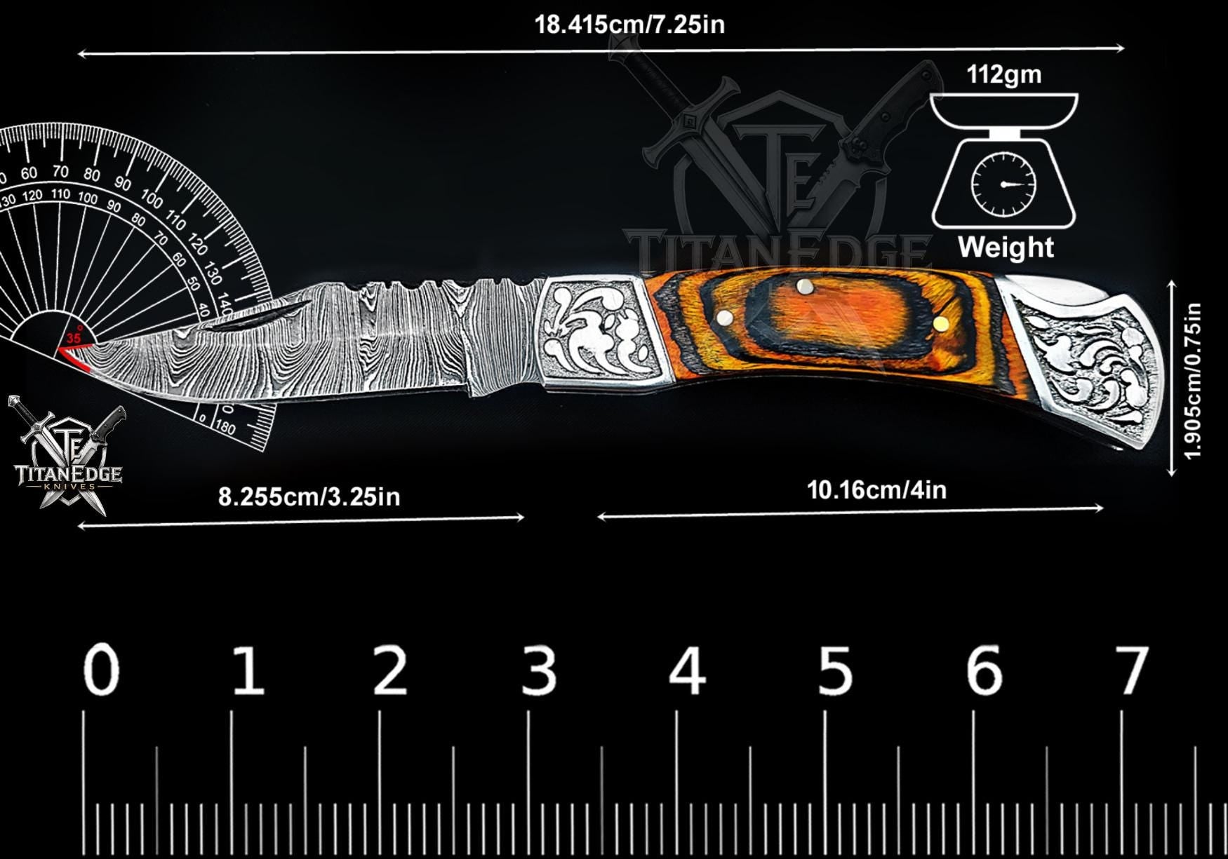 Handmade 7.25" Damascus Steel Pocket Knife, Folding EDC Hunting Knife, Pakkawood Handle, Groomsmen Gift With Leather Sheath