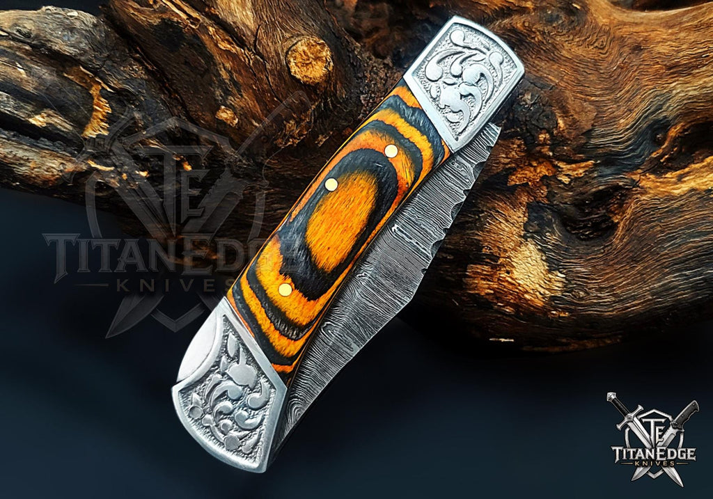 Handmade 7.25" Damascus Steel Pocket Knife, Folding EDC Hunting Knife, Pakkawood Handle, Groomsmen Gift With Leather Sheath