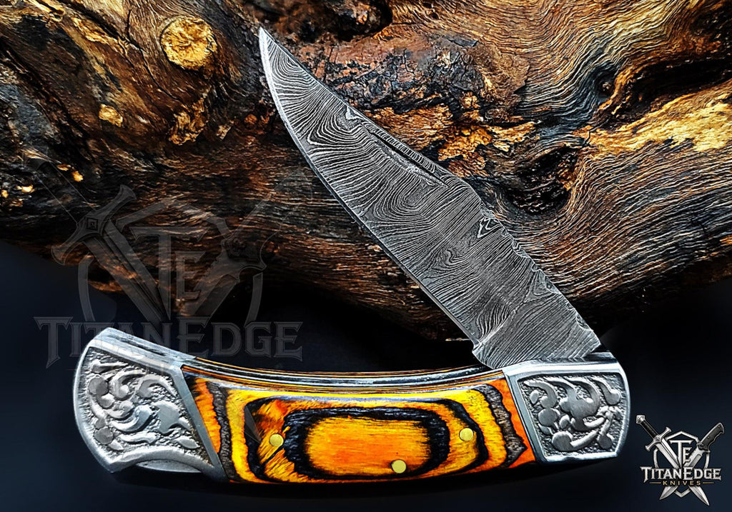 Handmade 7.25" Damascus Steel Pocket Knife, Folding EDC Hunting Knife, Pakkawood Handle, Groomsmen Gift With Leather Sheath