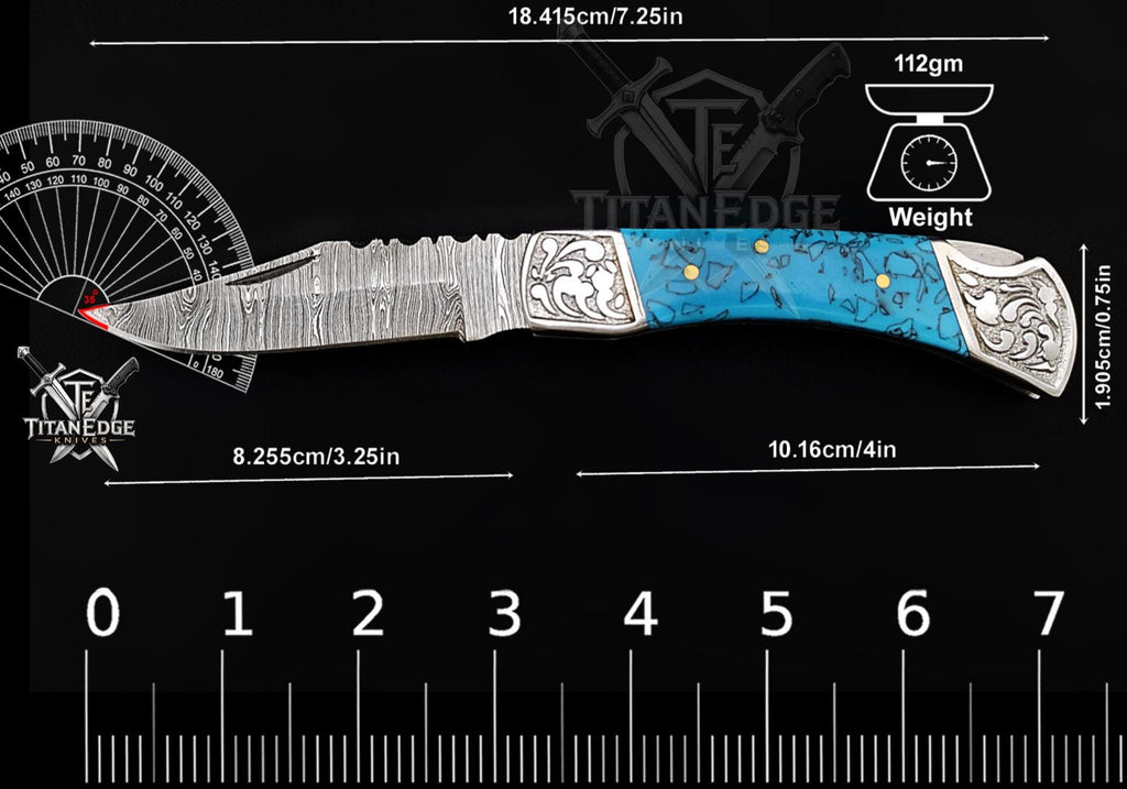 Handmade 7.25" Damascus Steel Pocket Knife, Folding EDC Hunting Knife, Resin Handle, Groomsmen Gift With Leather Sheath