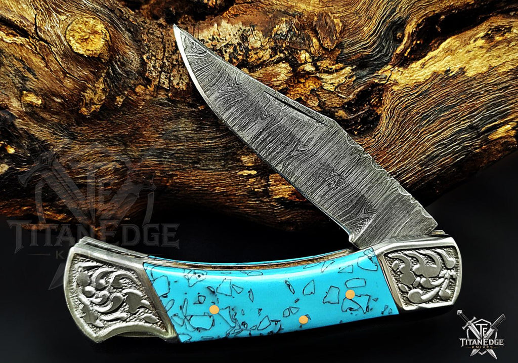 Handmade 7.25" Damascus Steel Pocket Knife, Folding EDC Hunting Knife, Resin Handle, Groomsmen Gift With Leather Sheath