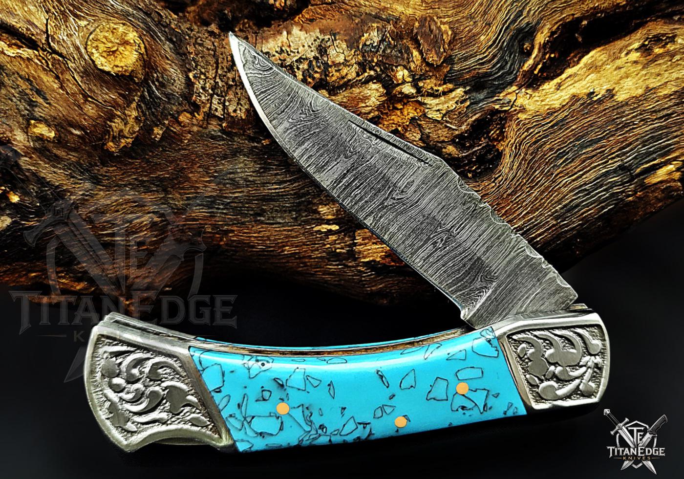 Handmade 7.25" Damascus Steel Pocket Knife, Folding EDC Hunting Knife, Resin Handle, Groomsmen Gift With Leather Sheath