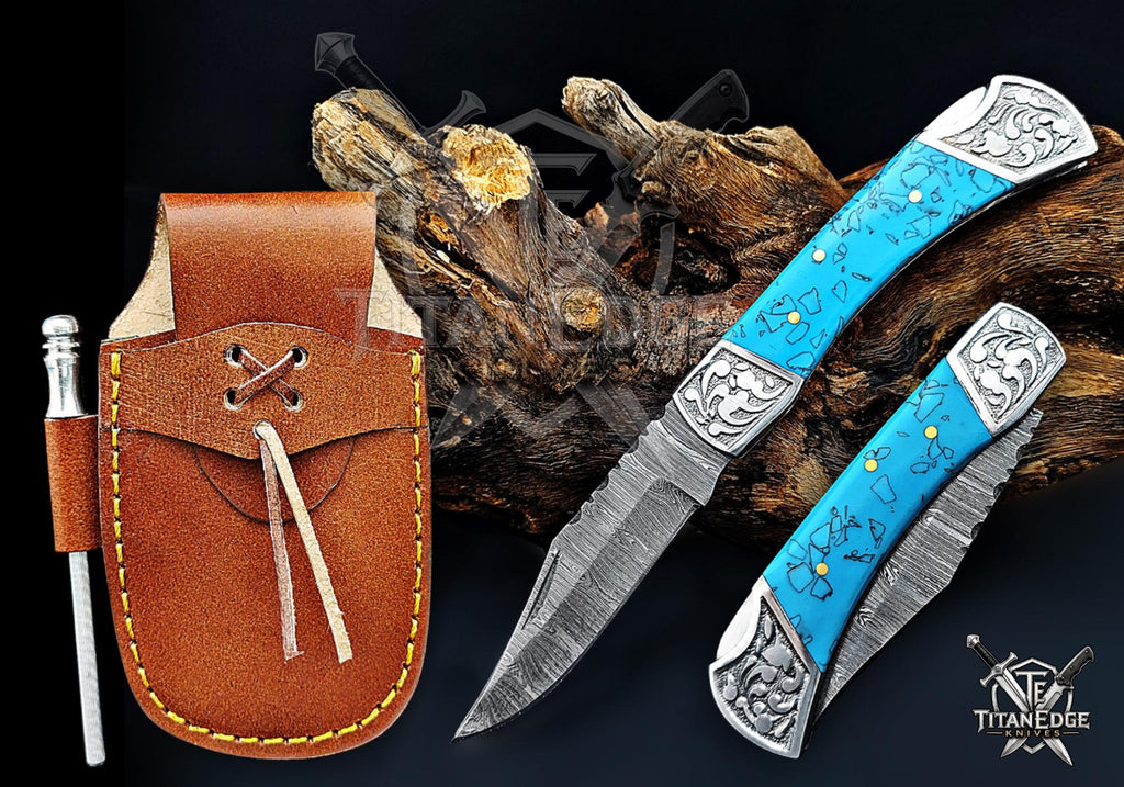 Handmade 7.25" Damascus Steel Pocket Knife, Folding EDC Hunting Knife, Resin Handle, Groomsmen Gift With Leather Sheath
