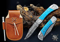 Handmade 7.25" Damascus Steel Pocket Knife, Folding EDC Hunting Knife, Resin Handle, Groomsmen Gift With Leather Sheath