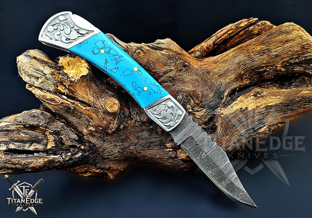 Handmade 7.25" Damascus Steel Pocket Knife, Folding EDC Hunting Knife, Resin Handle, Groomsmen Gift With Leather Sheath