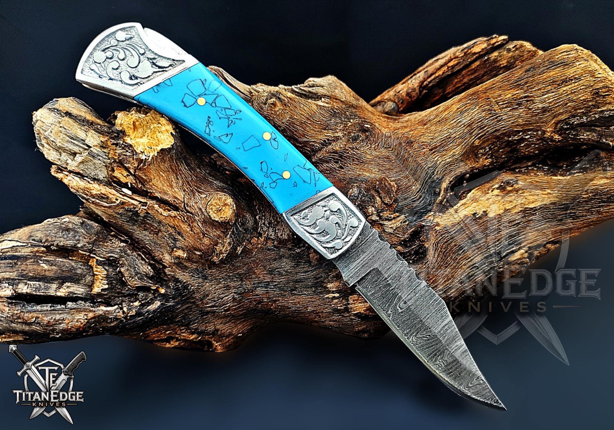 Handmade 7.25" Damascus Steel Pocket Knife, Folding EDC Hunting Knife, Resin Handle, Groomsmen Gift With Leather Sheath