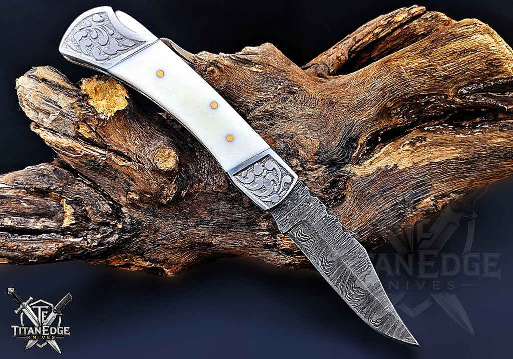Handmade 7.25" Damascus Steel Pocket Knife, Folding EDC Hunting Knife, Camel Bone Handle, Groomsmen Gift With Leather Sheath