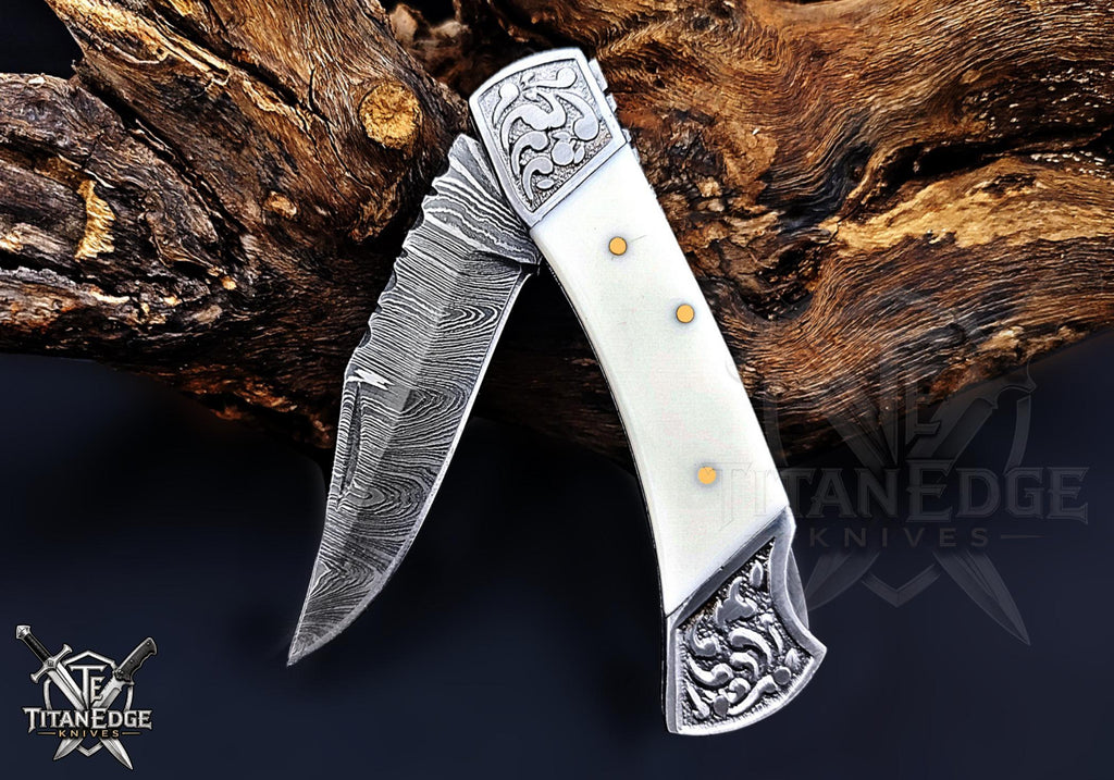 Handmade 7.25" Damascus Steel Pocket Knife, Folding EDC Hunting Knife, Camel Bone Handle, Groomsmen Gift With Leather Sheath