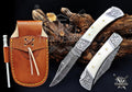 Handmade 7.25" Damascus Steel Pocket Knife, Folding EDC Hunting Knife, Camel Bone Handle, Groomsmen Gift With Leather Sheath