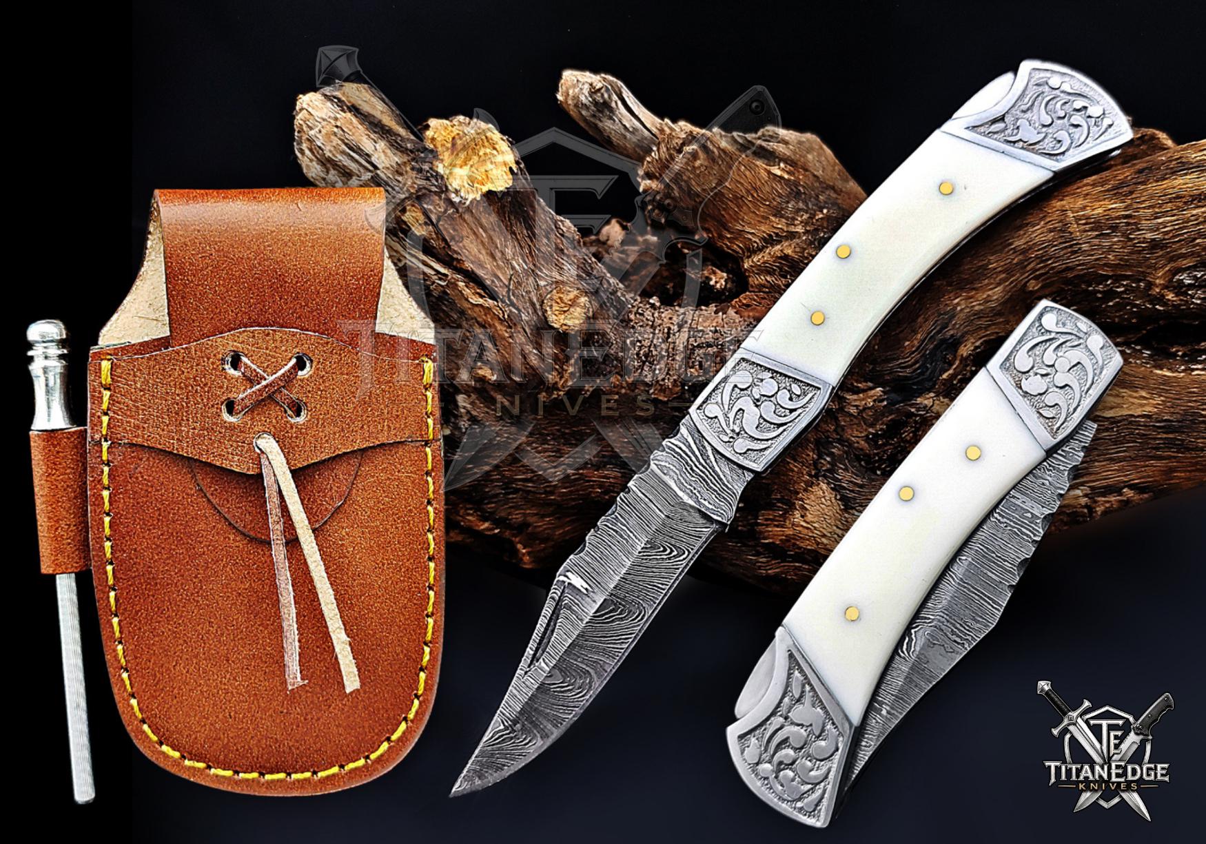 Handmade 7.25" Damascus Steel Pocket Knife, Folding EDC Hunting Knife, Camel Bone Handle, Groomsmen Gift With Leather Sheath