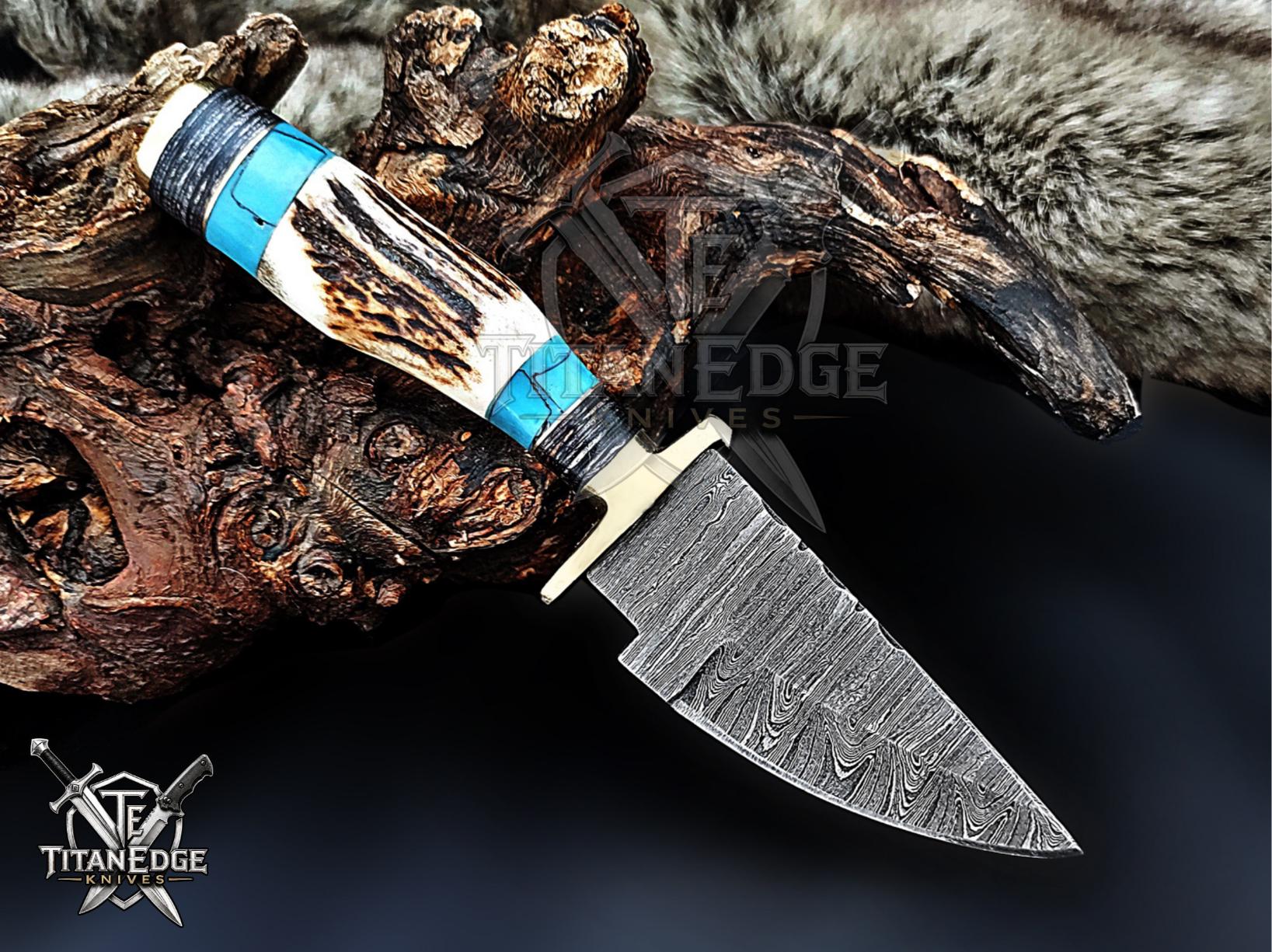 Handmade 6.75" Damascus Steel Fixed Blade Hunting Knife, Stag Antler Handle, Groomsmen Gift With Leather Sheath
