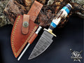 Handmade 6.75" Damascus Steel Fixed Blade Hunting Knife, Stag Antler Handle, Groomsmen Gift With Leather Sheath