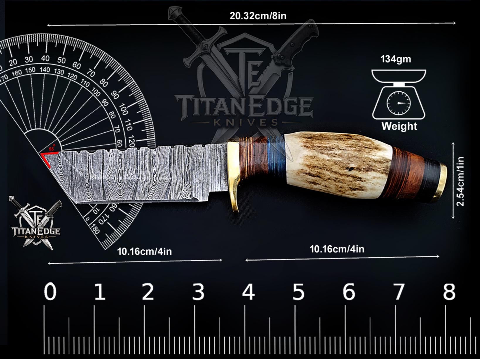 Handmade 8" Damascus Steel Fixed Blade Tanto Hunting Knife, Stag Antler Handle, Groomsmen Gift With Leather Sheath