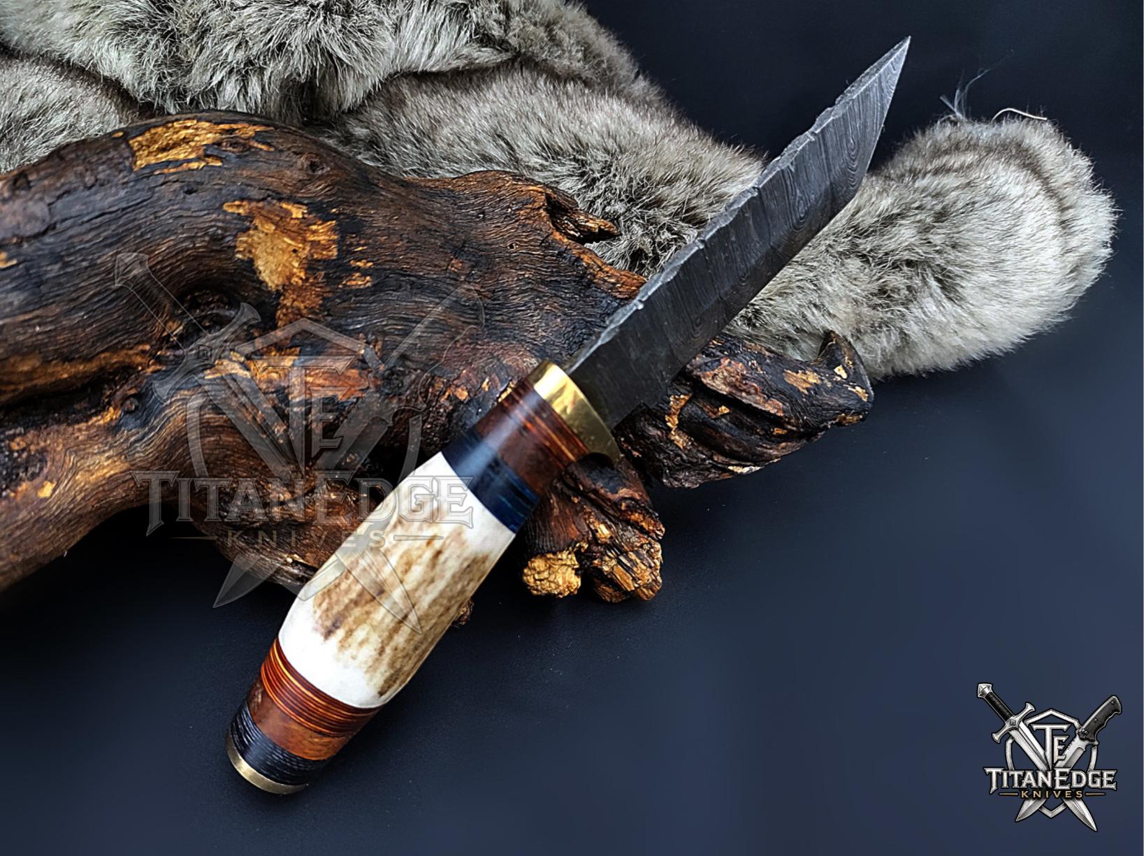 Handmade 8" Damascus Steel Fixed Blade Tanto Hunting Knife, Stag Antler Handle, Groomsmen Gift With Leather Sheath