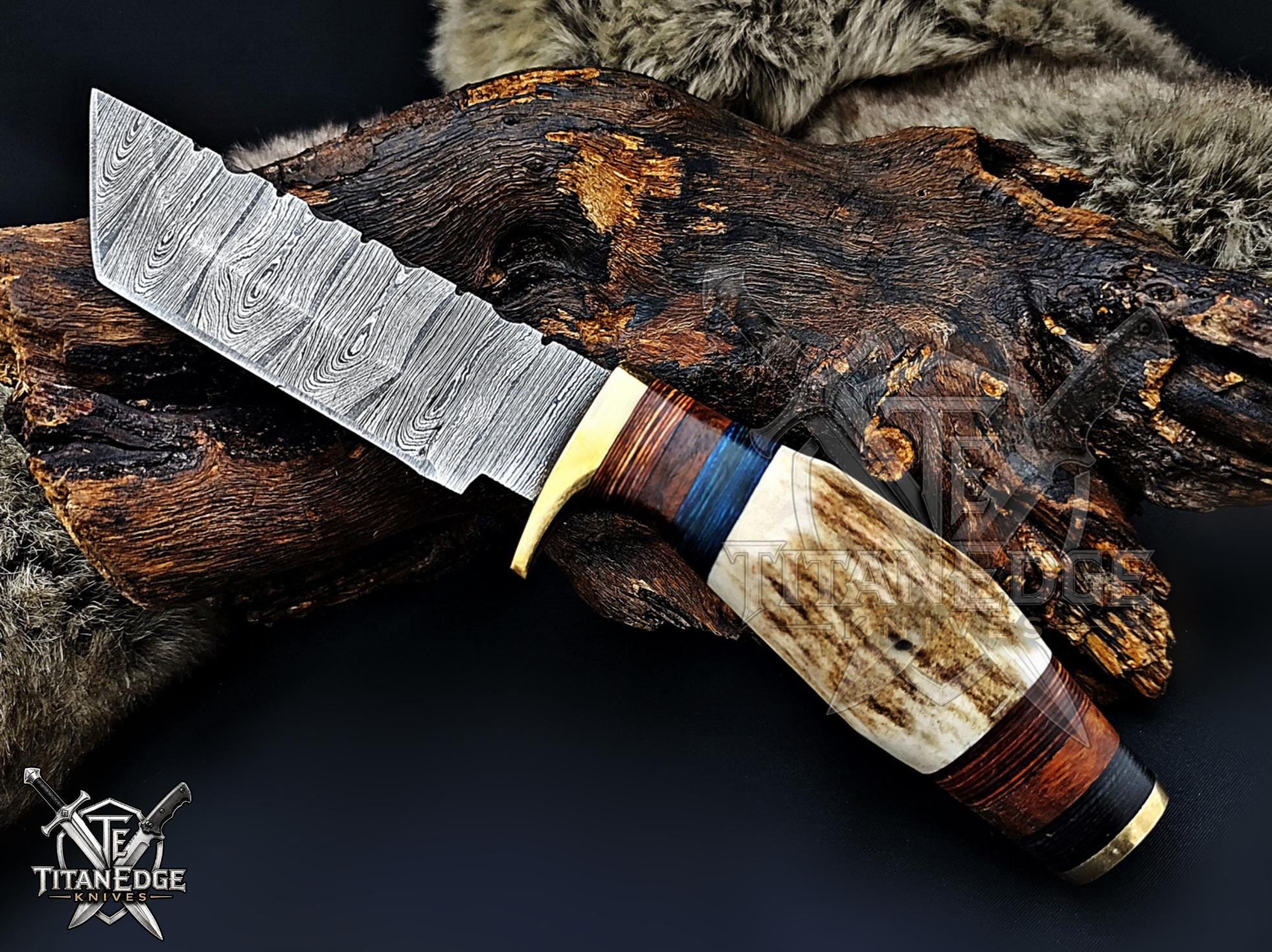 Handmade 8" Damascus Steel Fixed Blade Tanto Hunting Knife, Stag Antler Handle, Groomsmen Gift With Leather Sheath