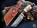 Handmade 8" Damascus Steel Fixed Blade Tanto Hunting Knife, Stag Antler Handle, Groomsmen Gift With Leather Sheath