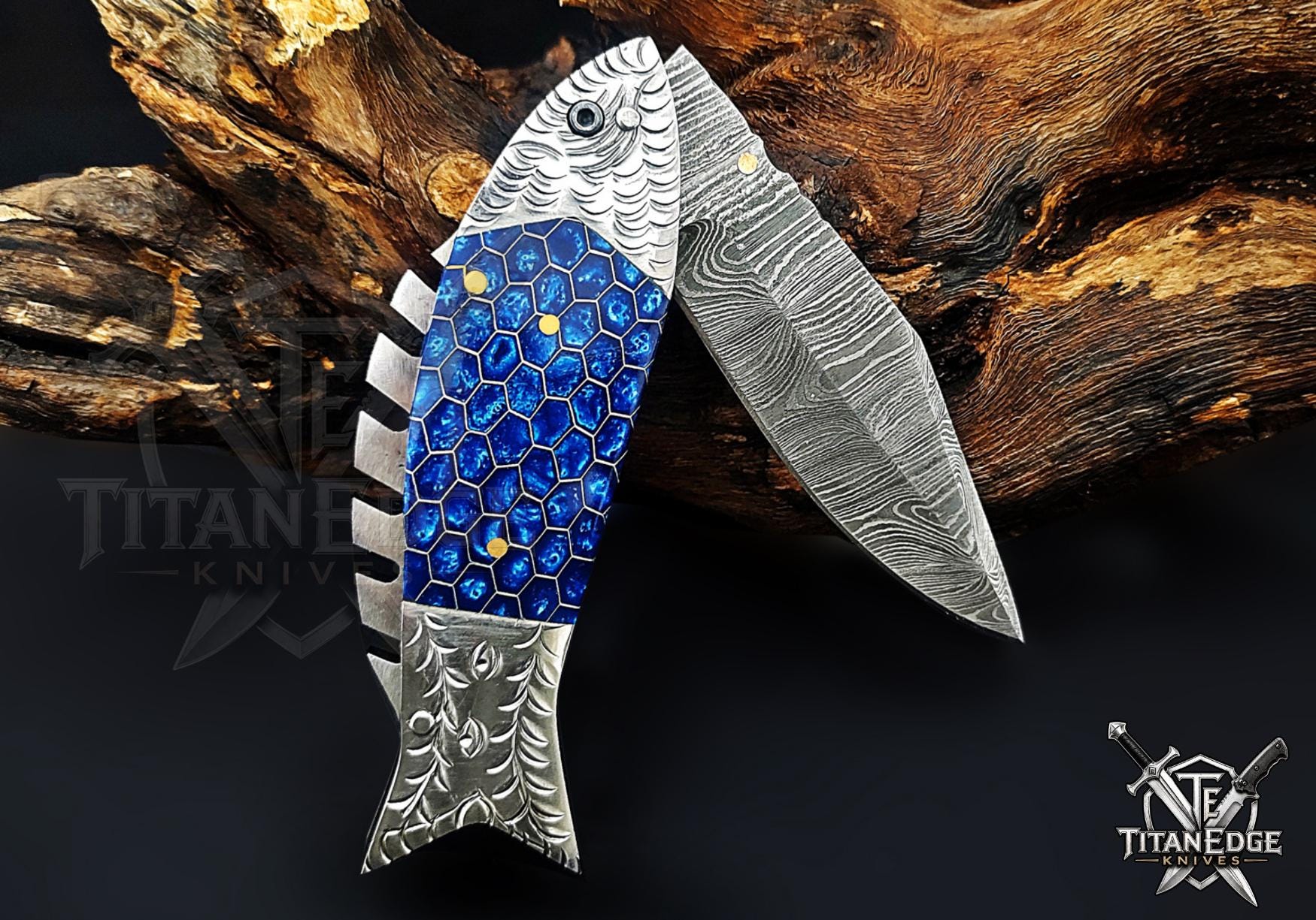 Handmade 7.5" Damascus Steel Pocket Knife, Folding EDC Fish Knife, Blue Honeycomb Handle, Groomsmen Gift With Leather Sheath