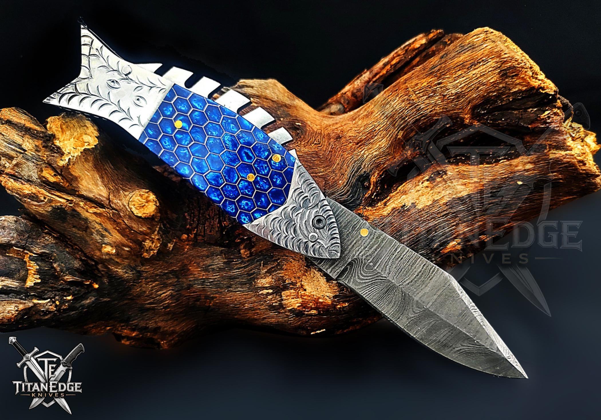 Handmade 7.5" Damascus Steel Pocket Knife, Folding EDC Fish Knife, Blue Honeycomb Handle, Groomsmen Gift With Leather Sheath