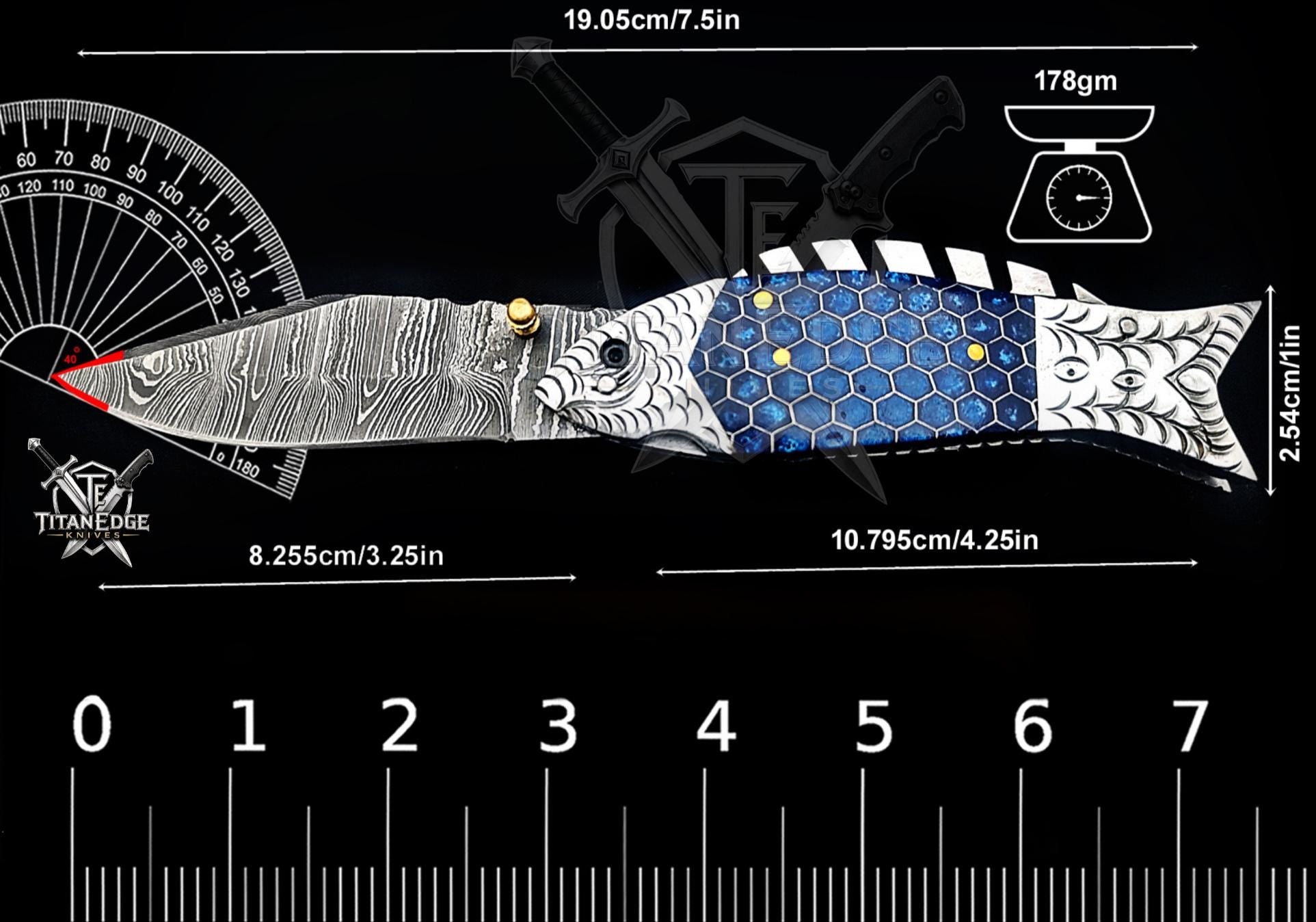 Handmade 7.5" Damascus Steel Pocket Knife, Folding EDC Fish Knife, Blue Honeycomb Handle, Groomsmen Gift With Leather Sheath