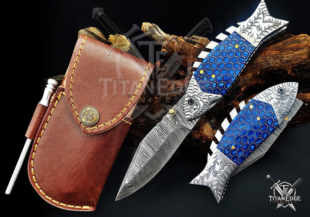 Handmade 7.5" Damascus Steel Pocket Knife, Folding EDC Fish Knife, Blue Honeycomb Handle, Groomsmen Gift With Leather Sheath
