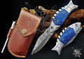 Handmade 7.5" Damascus Steel Pocket Knife, Folding EDC Fish Knife, Blue Honeycomb Handle, Groomsmen Gift With Leather Sheath