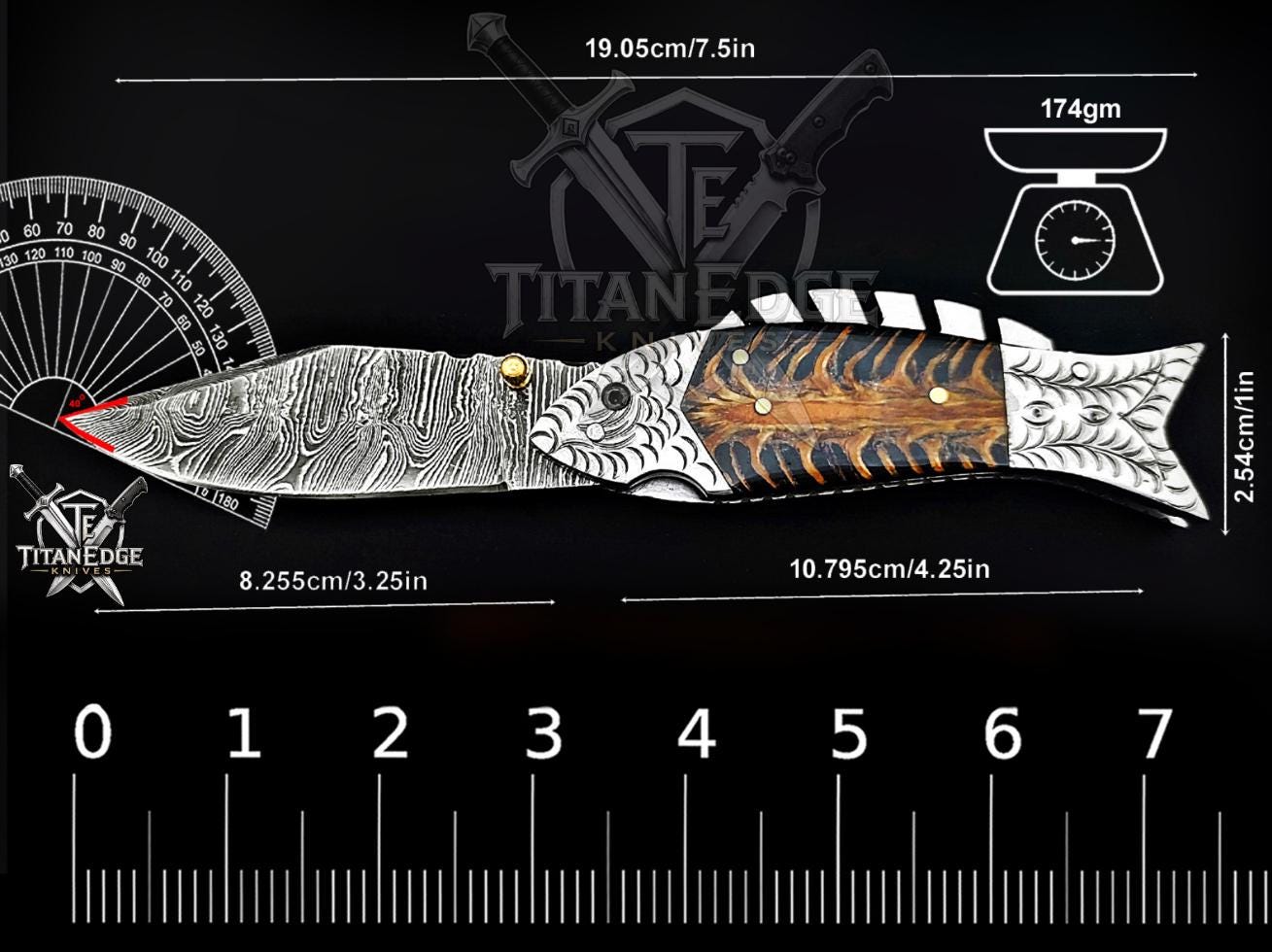 Handmade 7.5 Inch Damascus Steel Pocket Knife, Folding EDC Fishing Knife, Fish Skeleton Handle, Men's Gift With Sheath