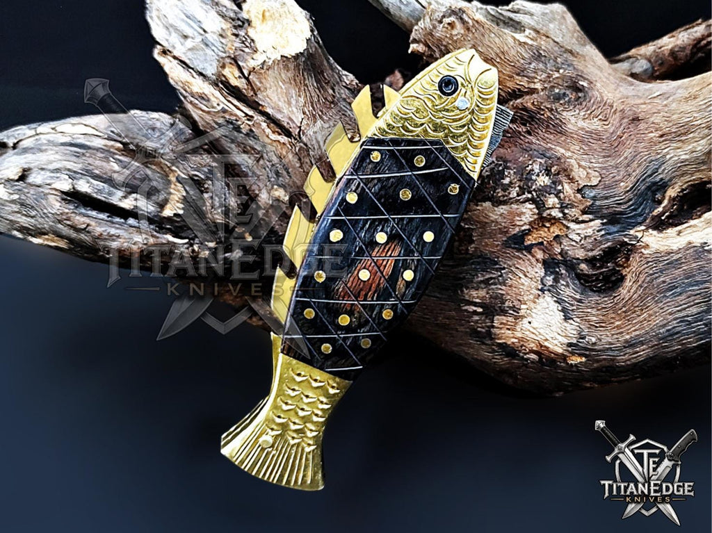 Handmade 7.5" Damascus Steel Pocket Knife, Folding EDC Fish Knife, Wood Handle, Groomsmen Gift With Leather Sheath