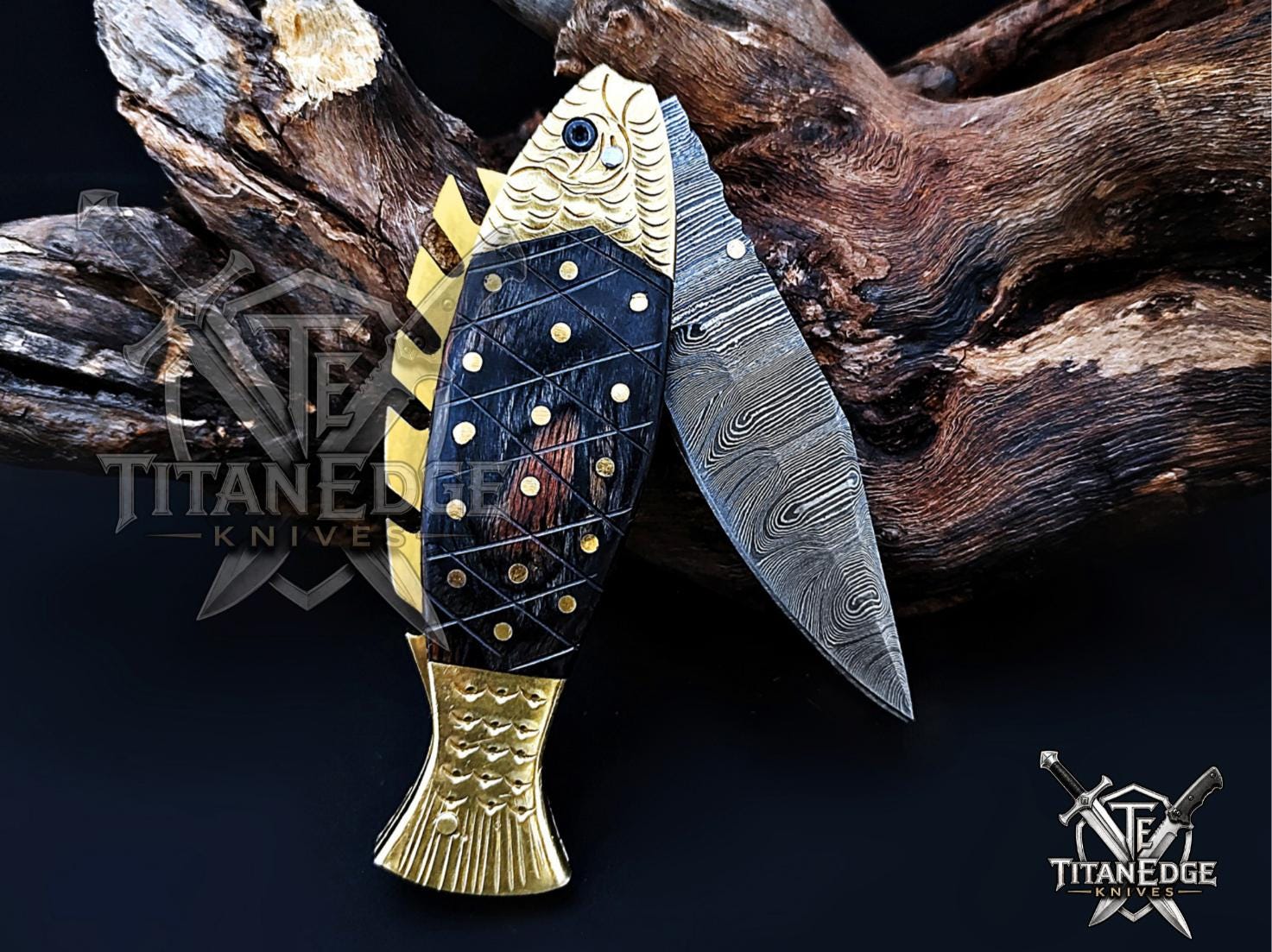 Handmade 7.5" Damascus Steel Pocket Knife, Folding EDC Fish Knife, Wood Handle, Groomsmen Gift With Leather Sheath