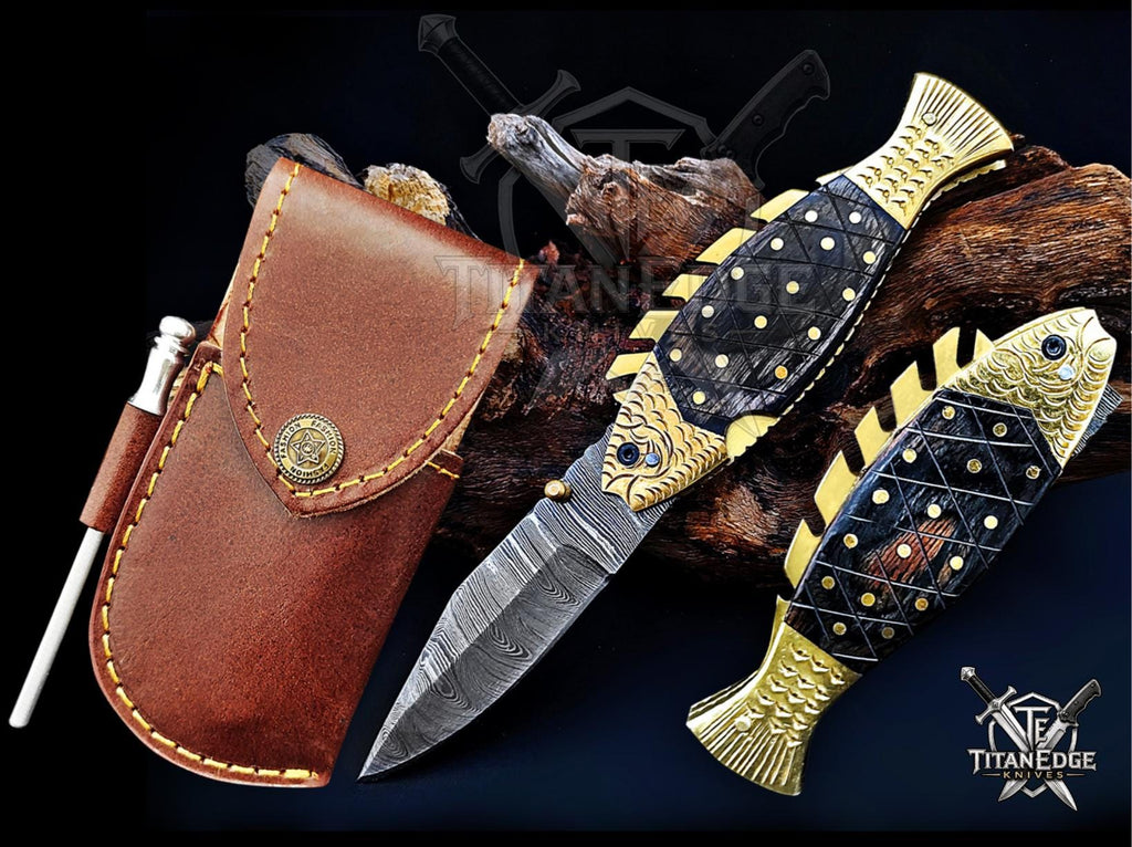 Handmade 7.5" Damascus Steel Pocket Knife, Folding EDC Fish Knife, Wood Handle, Groomsmen Gift With Leather Sheath