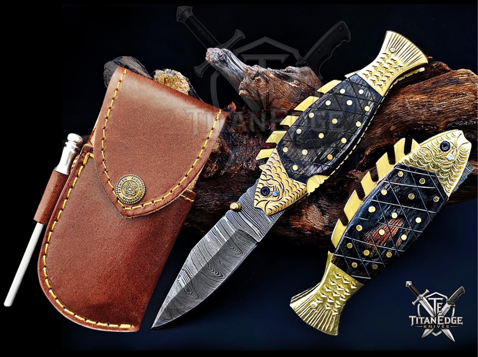 Handmade 7.5" Damascus Steel Pocket Knife, Folding EDC Fish Knife, Wood Handle, Groomsmen Gift With Leather Sheath