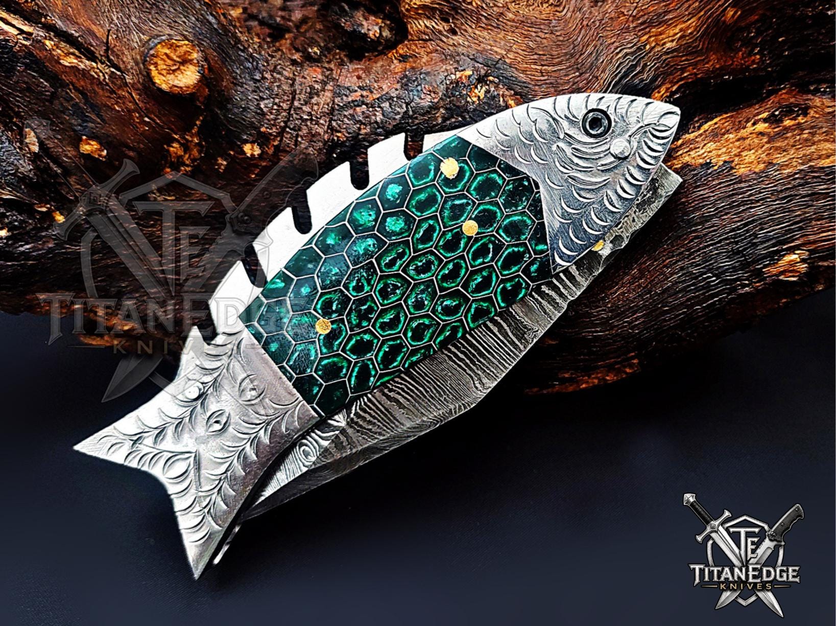 Handmade 7.5" Damascus Steel Pocket Knife, Folding EDC Fish Knife, Honeycomb Handle, Groomsmen Gift With Leather Sheath