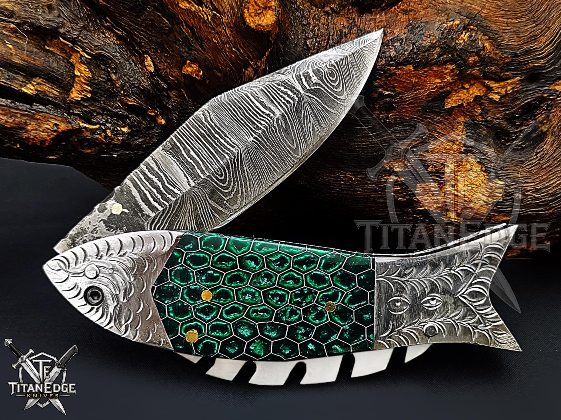 Handmade 7.5" Damascus Steel Pocket Knife, Folding EDC Fish Knife, Honeycomb Handle, Groomsmen Gift With Leather Sheath