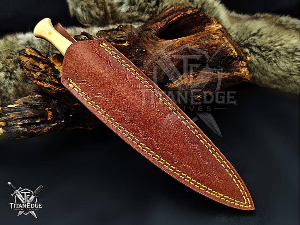 Personalized Handmade 8.75 Inch Damascus Steel Needle Point Dagger Boot Knife, Fixed Blade Boot Knife,  Bone Handle, Men's Gift With Sheath