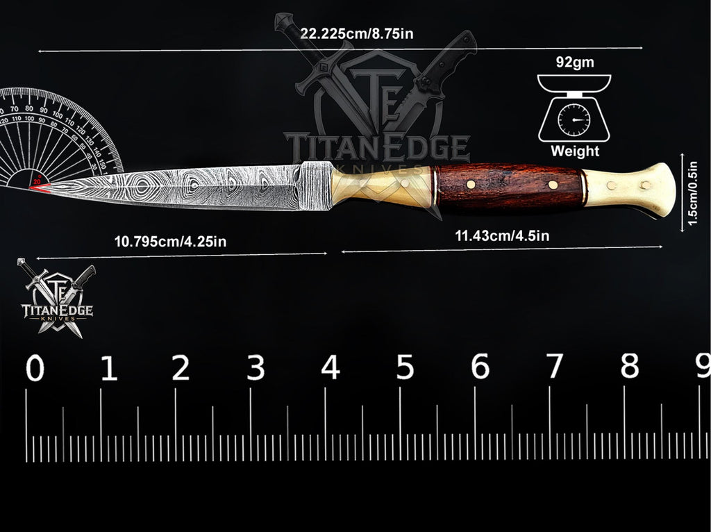 Personalized Handmade 8.75 Inch Damascus Steel Needle Point Boot Knife, Fixed Blade Boot Knife,  Wood & Bone Handle, Men's Gift With Sheath