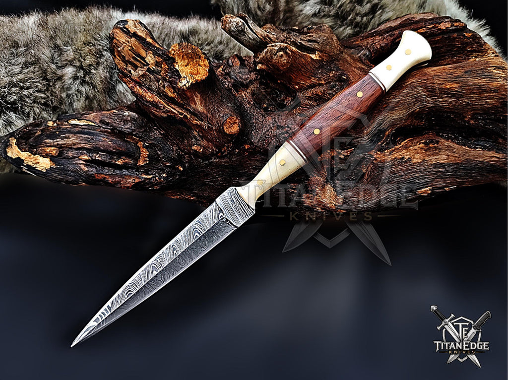 Personalized Handmade 8.75 Inch Damascus Steel Needle Point Boot Knife, Fixed Blade Boot Knife,  Wood & Bone Handle, Men's Gift With Sheath