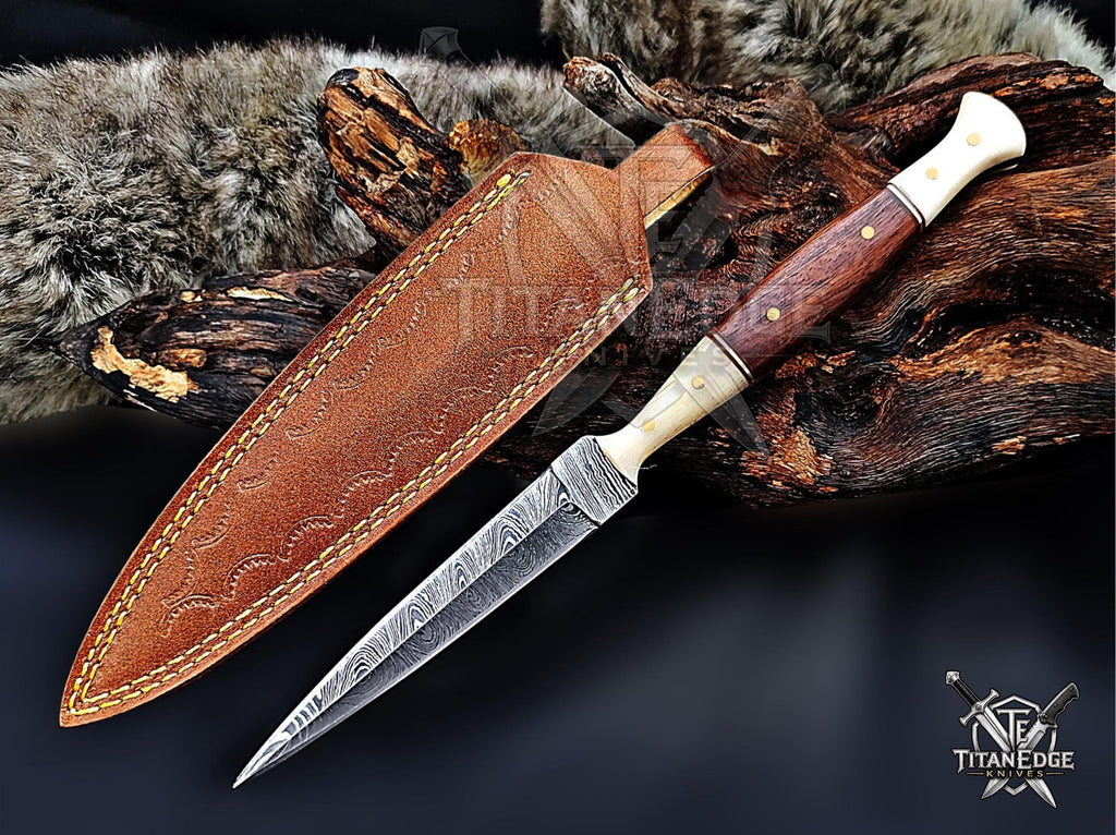 Personalized Handmade 8.75 Inch Damascus Steel Needle Point Boot Knife, Fixed Blade Boot Knife,  Wood & Bone Handle, Men's Gift With Sheath