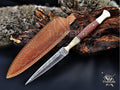 Personalized Handmade 8.75 Inch Damascus Steel Needle Point Boot Knife, Fixed Blade Boot Knife,  Wood & Bone Handle, Men's Gift With Sheath